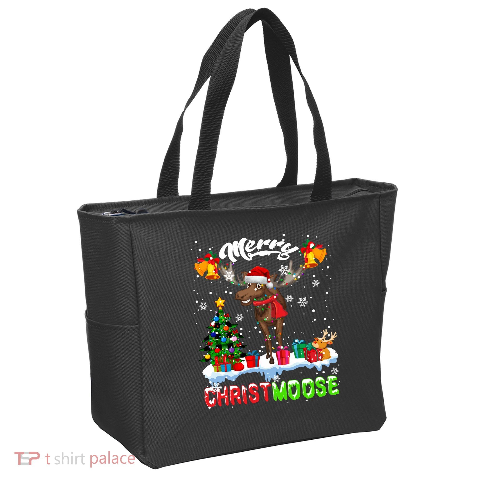 Merry Christmoose Merry Christmas Xmas Lights Santa Moose Long Sleeve Tote Bag