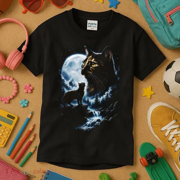 Mythical Cat Moonlight Adventure Night Sky Kids T-Shirt
