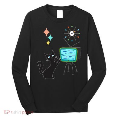 Mid Century Modern Retro Atomic Funny Cat With Fish TV Long Sleeve Shirt