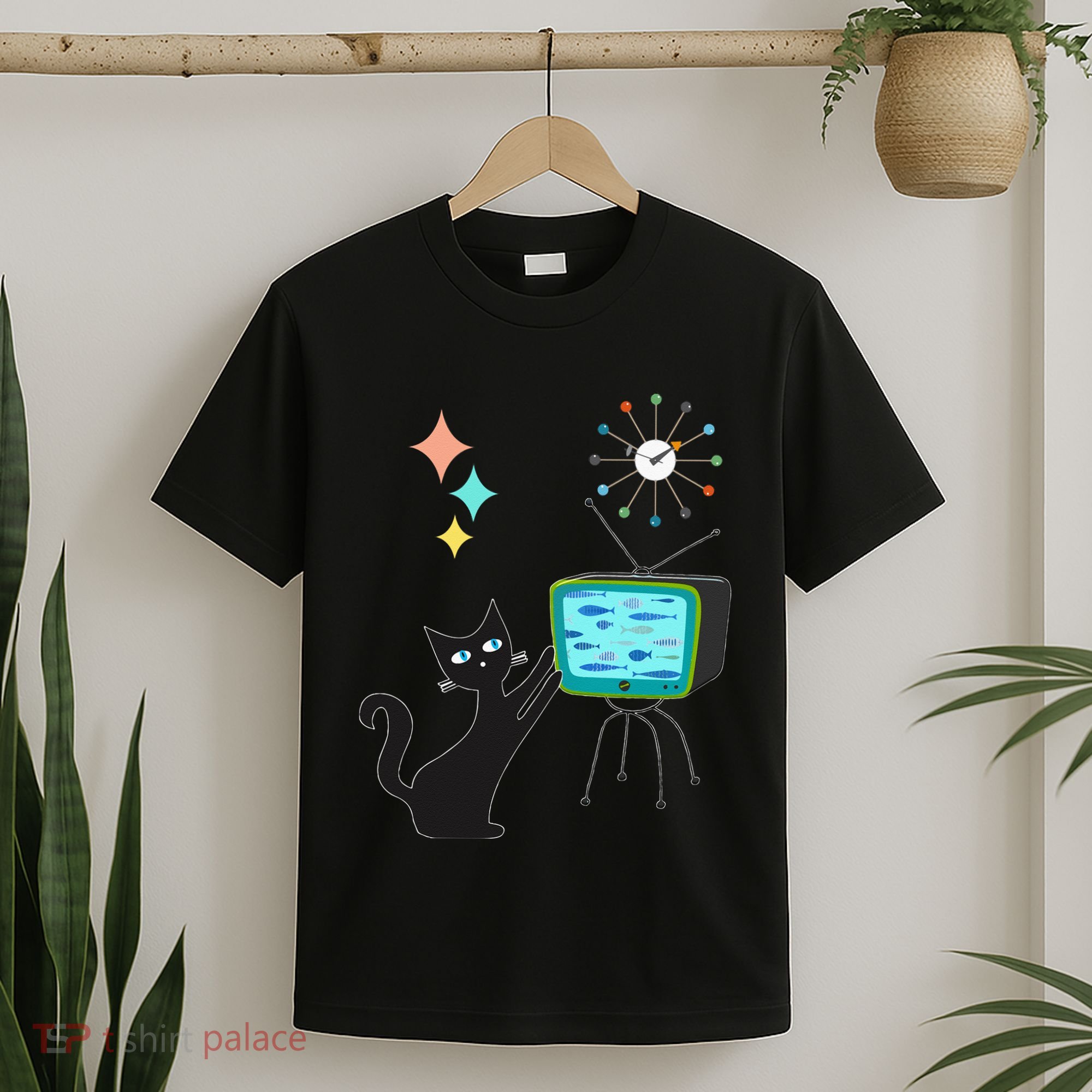 Mid Century Modern Retro Atomic Funny Cat With Fish TV T-Shirt