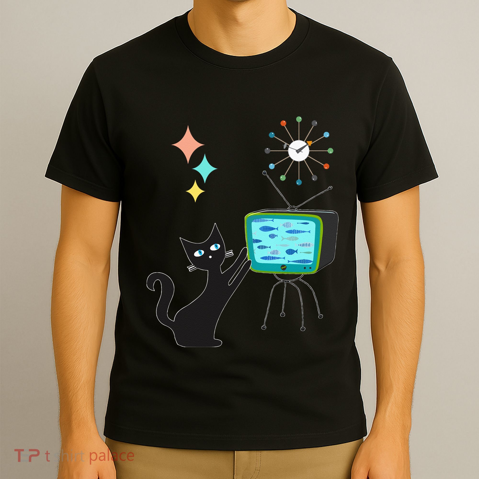 Mid Century Modern Retro Atomic Funny Cat With Fish TV T-Shirt
