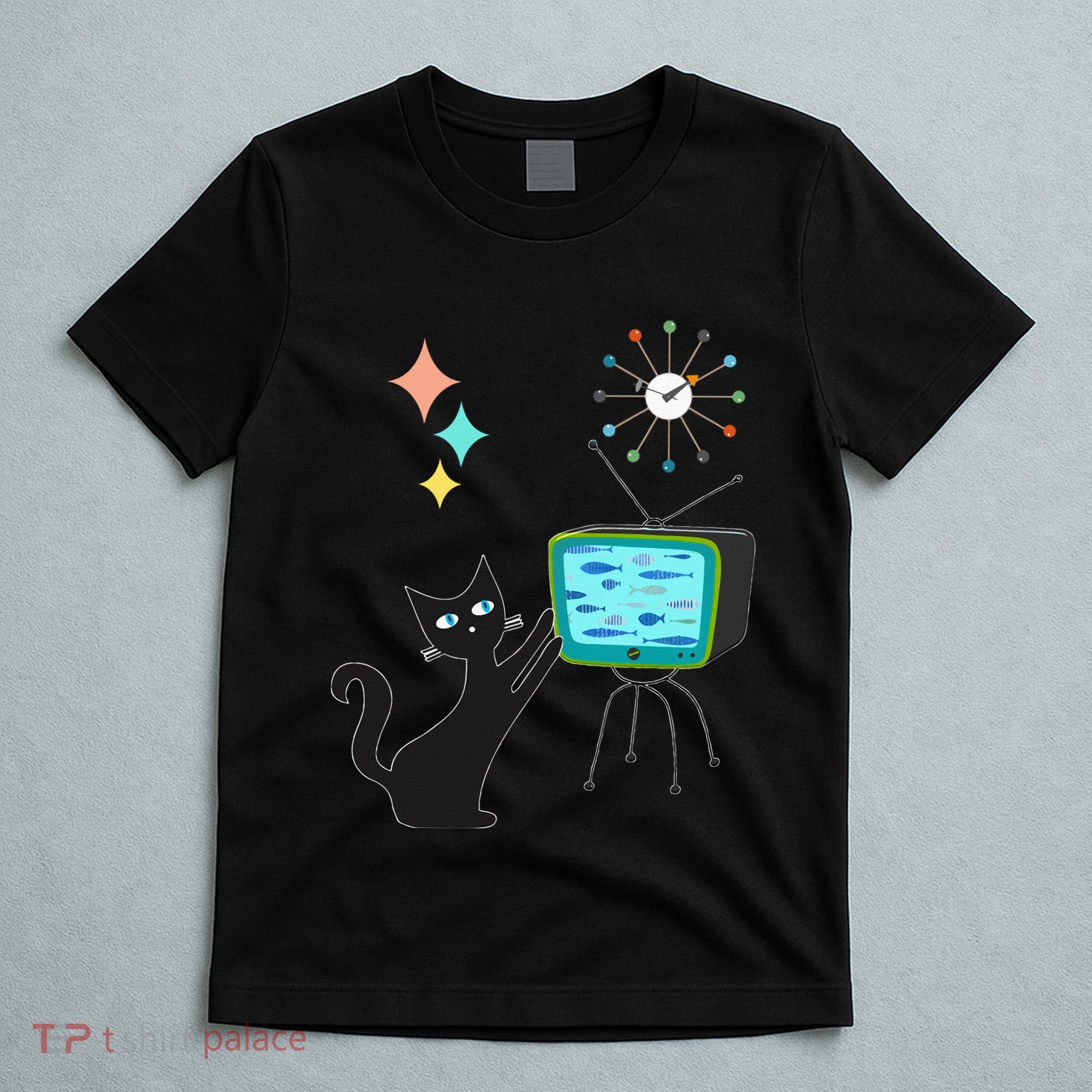 Mid Century Modern Retro Atomic Funny Cat With Fish TV T-Shirt