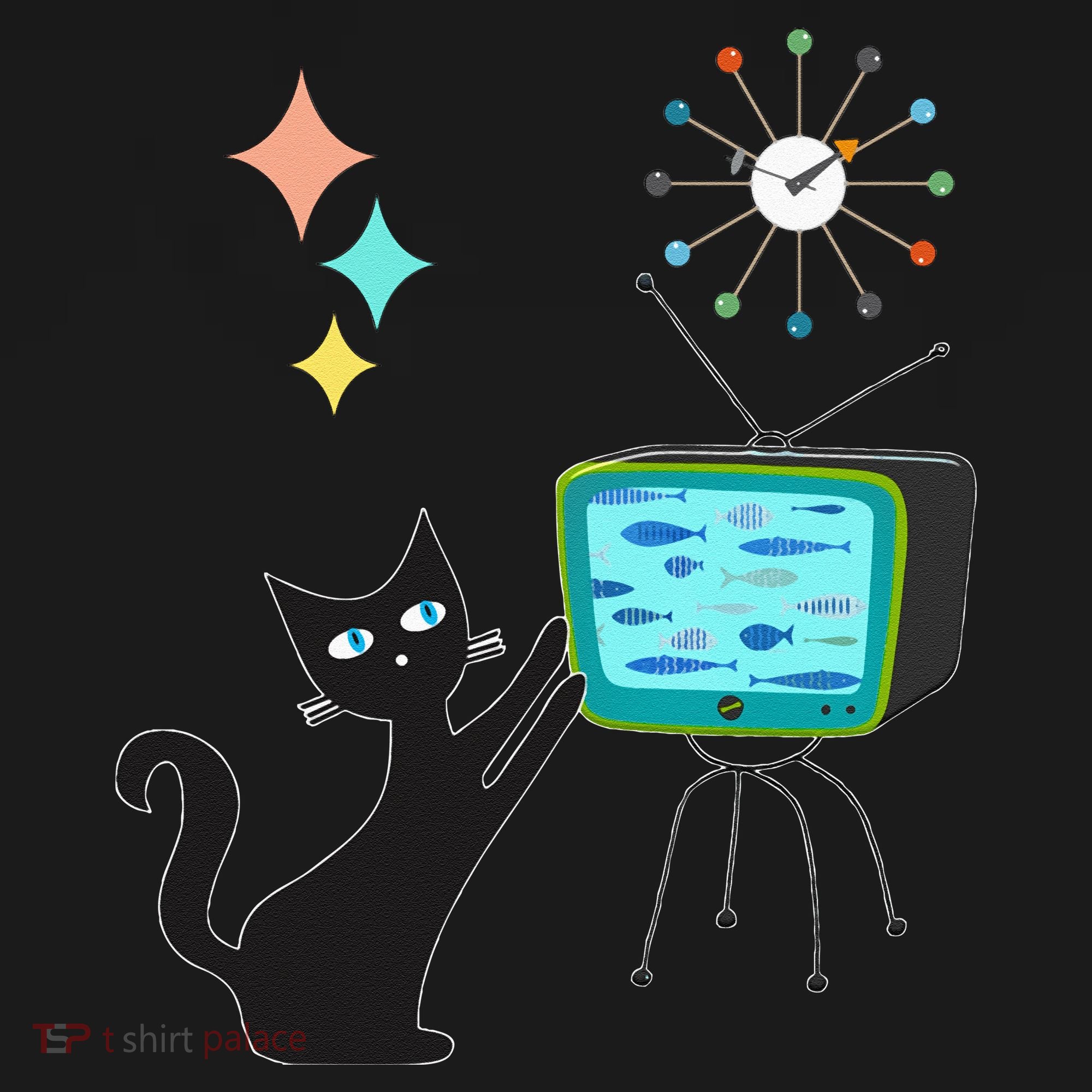 Mid Century Modern Retro Atomic Funny Cat With Fish TV Polo