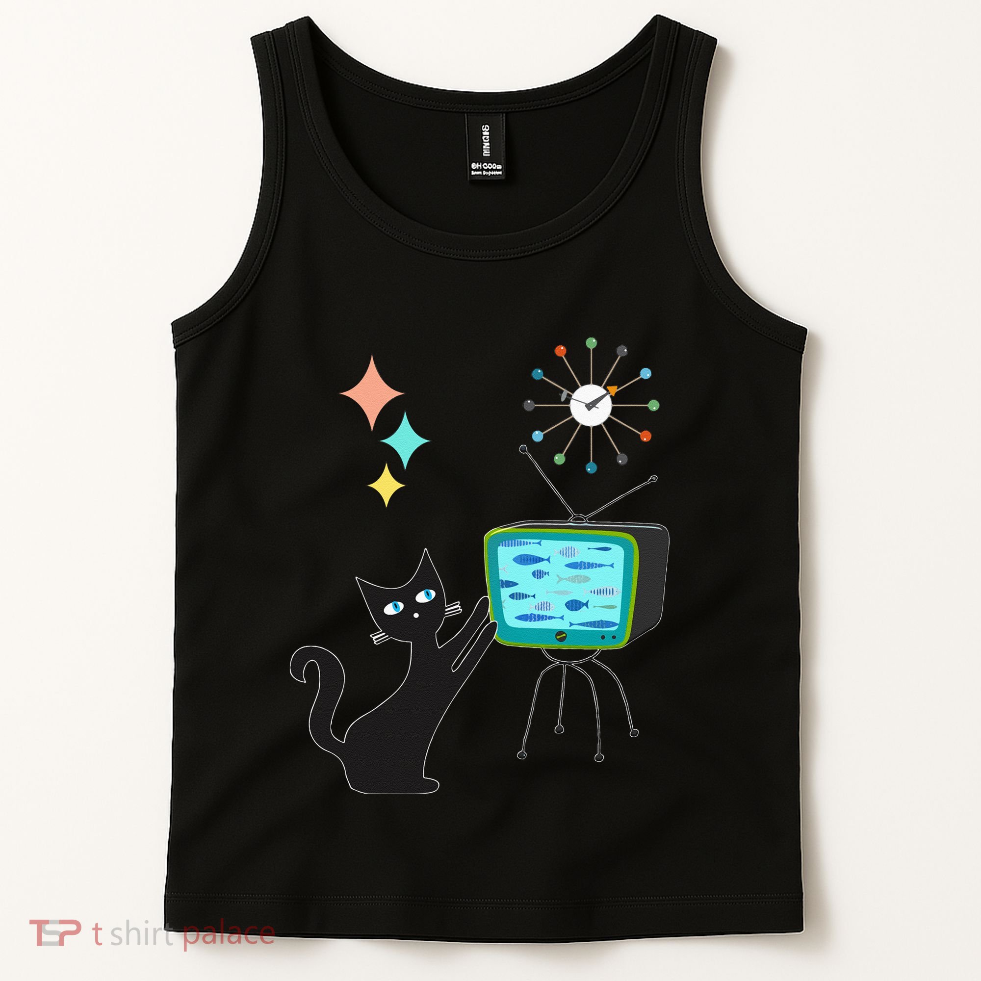 Mid Century Modern Retro Atomic Funny Cat With Fish TV Tank Top
