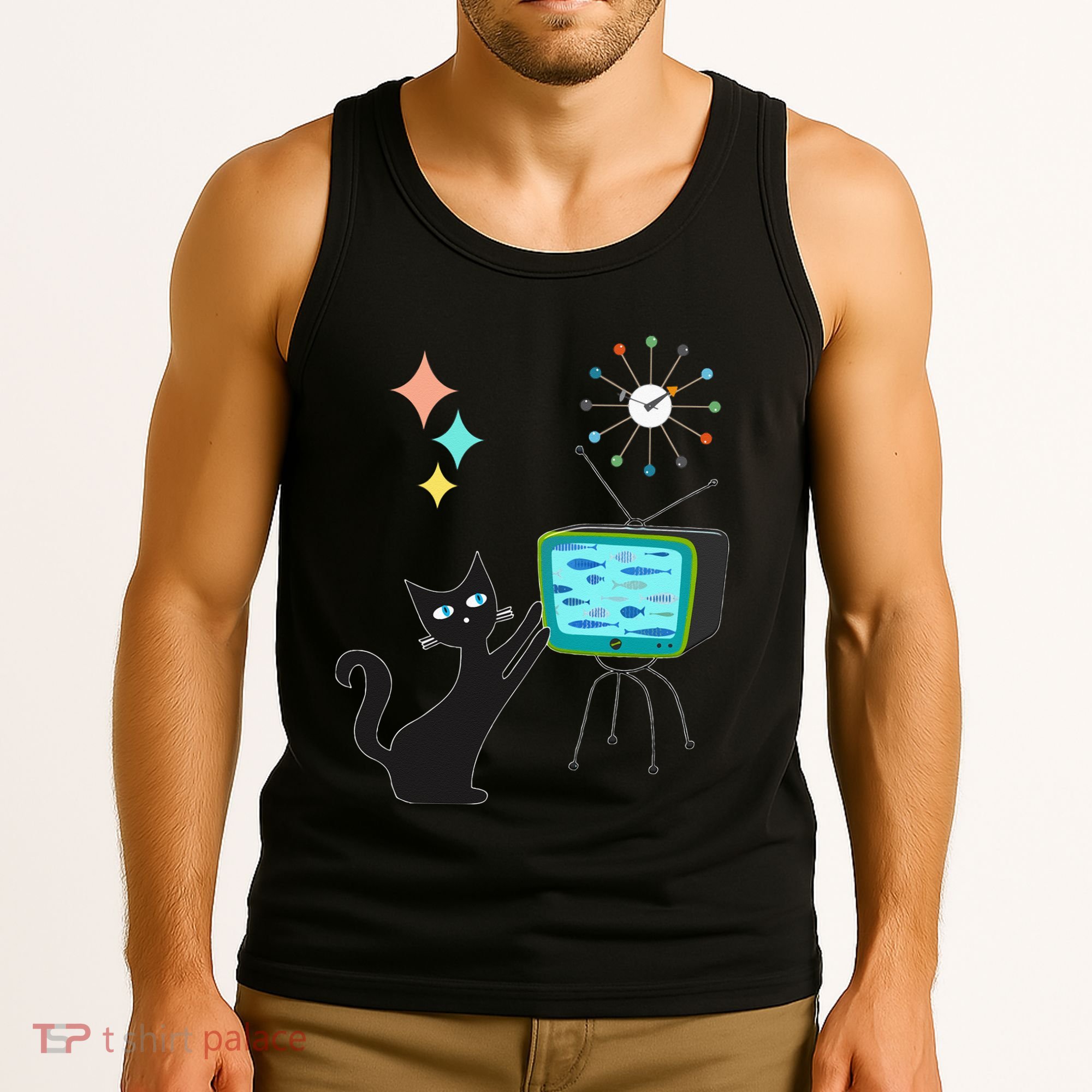 Mid Century Modern Retro Atomic Funny Cat With Fish TV Tank Top