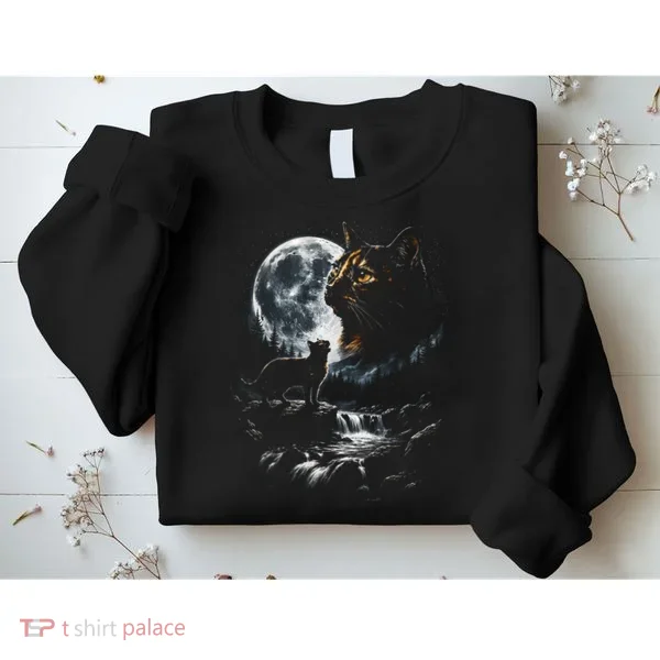 Mystical Cat Moonlight Waterfall Scene Sweatshirt