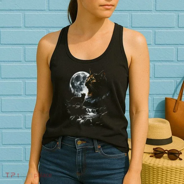 Mystical Cat Moonlight Waterfall Scene Women's Tank Top