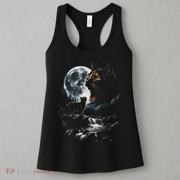 Mystical Cat Moonlight Waterfall Scene Women's Tank Top