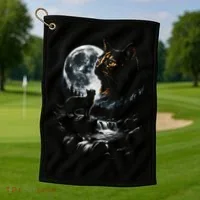 Mystical Cat Moonlight Waterfall Scene Golf Towel thumb 1