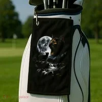 Mystical Cat Moonlight Waterfall Scene Golf Towel thumb 2