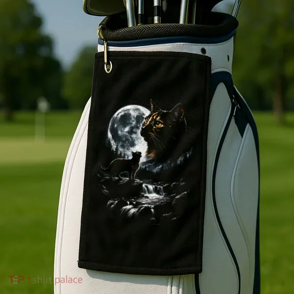 Mystical Cat Moonlight Waterfall Scene Golf Towel
