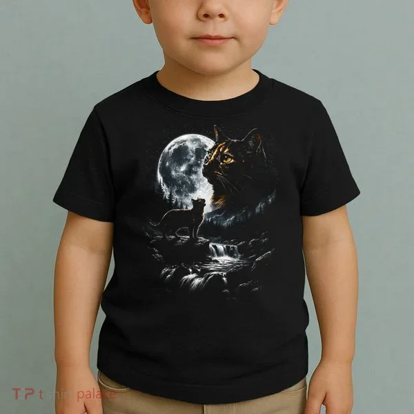 Mystical Cat Moonlight Waterfall Scene Toddler T-Shirt