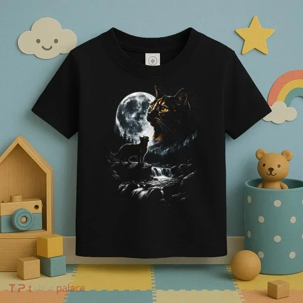Mystical Cat Moonlight Waterfall Scene Toddler T-Shirt