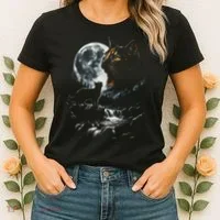 Mystical Cat Moonlight Waterfall Scene Women's T-Shirt thumb 2