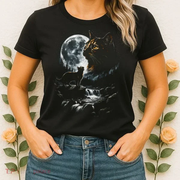 Mystical Cat Moonlight Waterfall Scene Women's T-Shirt