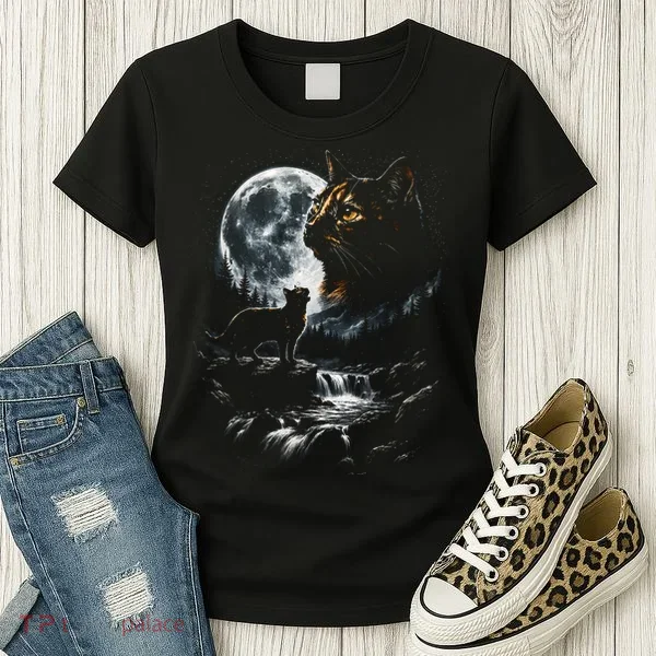 Mystical Cat Moonlight Waterfall Scene Women's T-Shirt
