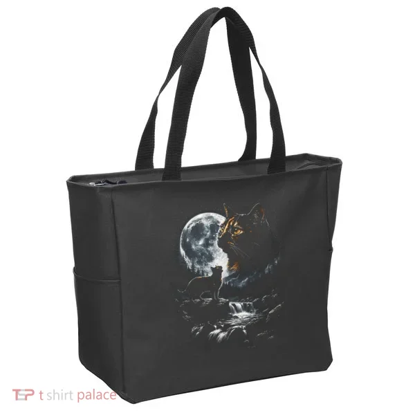 Mystical Cat Moonlight Waterfall Scene Tote Bag