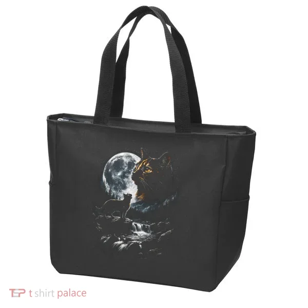 Mystical Cat Moonlight Waterfall Scene Tote Bag