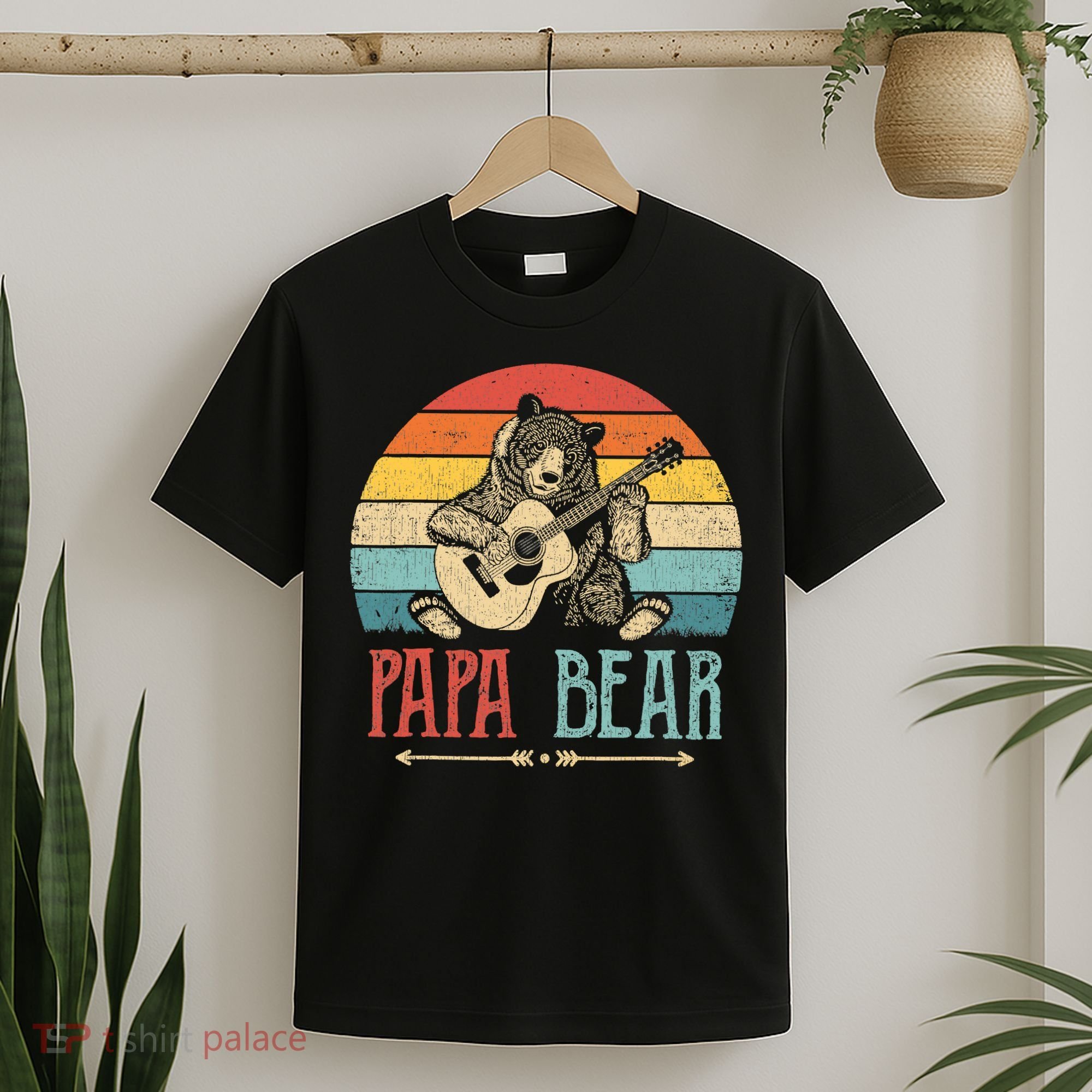 Mens Cute Papa Bear Vintage Father's Day Retro Dad Guitar T-Shirt