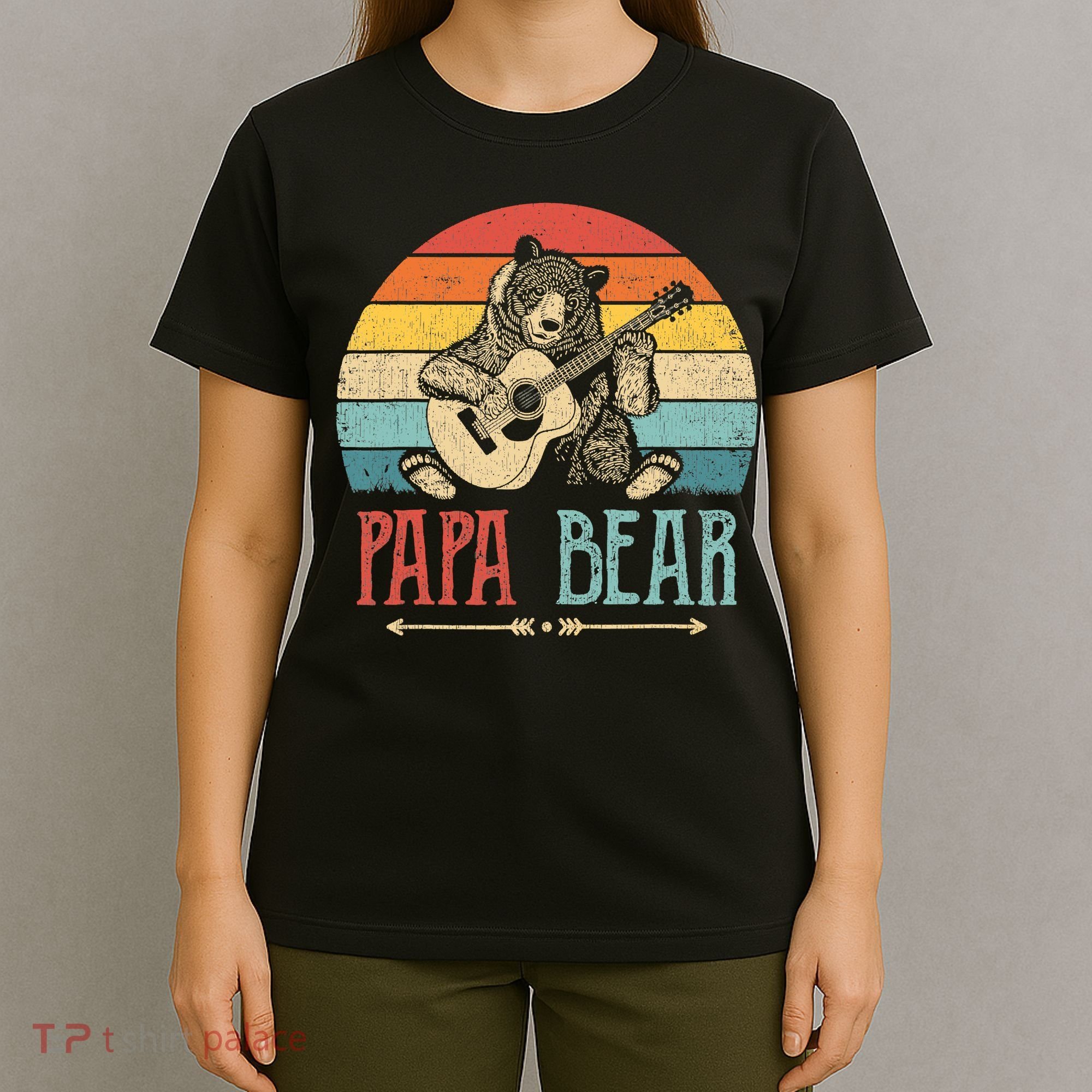 Mens Cute Papa Bear Vintage Father's Day Retro Dad Guitar T-Shirt