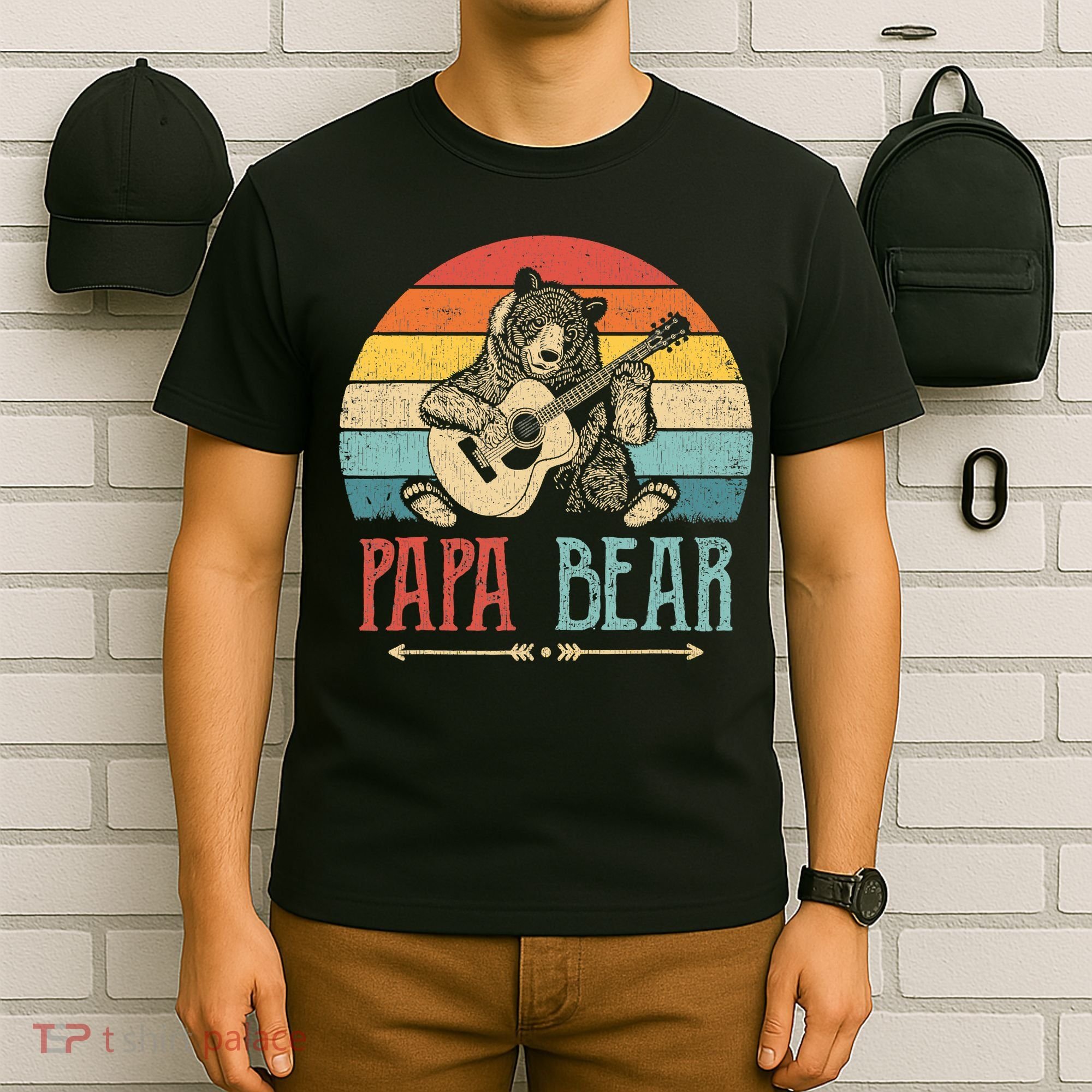Mens Cute Papa Bear Vintage Father's Day Retro Dad Guitar T-Shirt