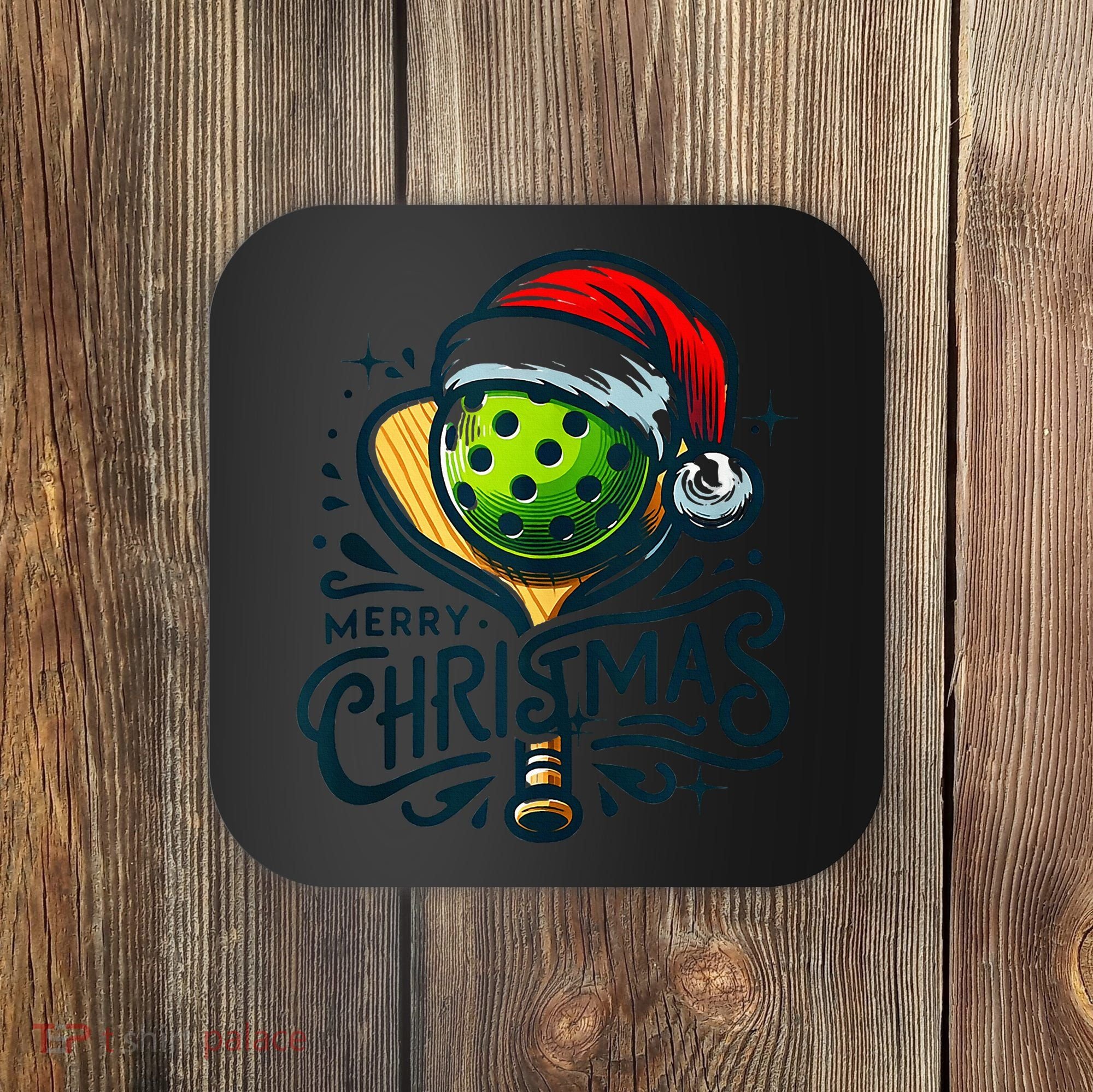 Merry Christmas Pickleball Pickle Ball and Paddle Santa Hat Coaster