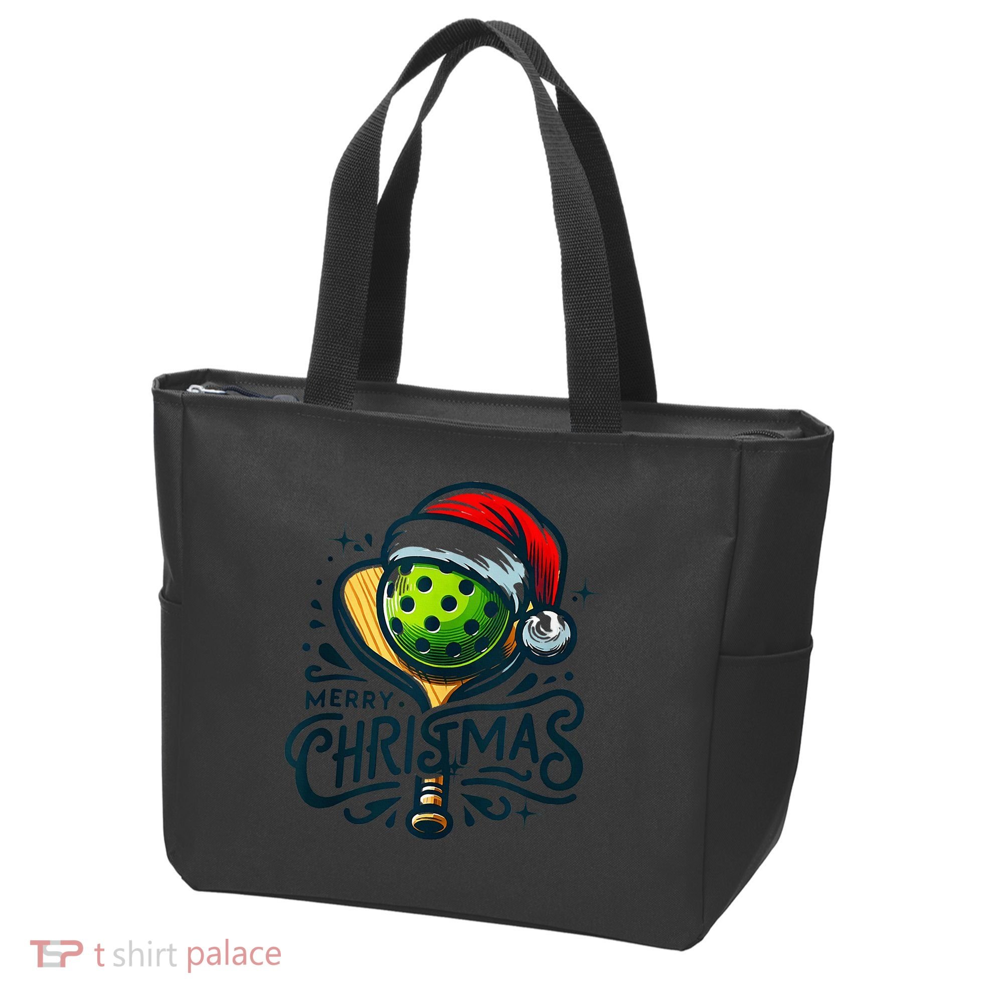 Merry Christmas Pickleball Pickle Ball and Paddle Santa Hat Tote Bag