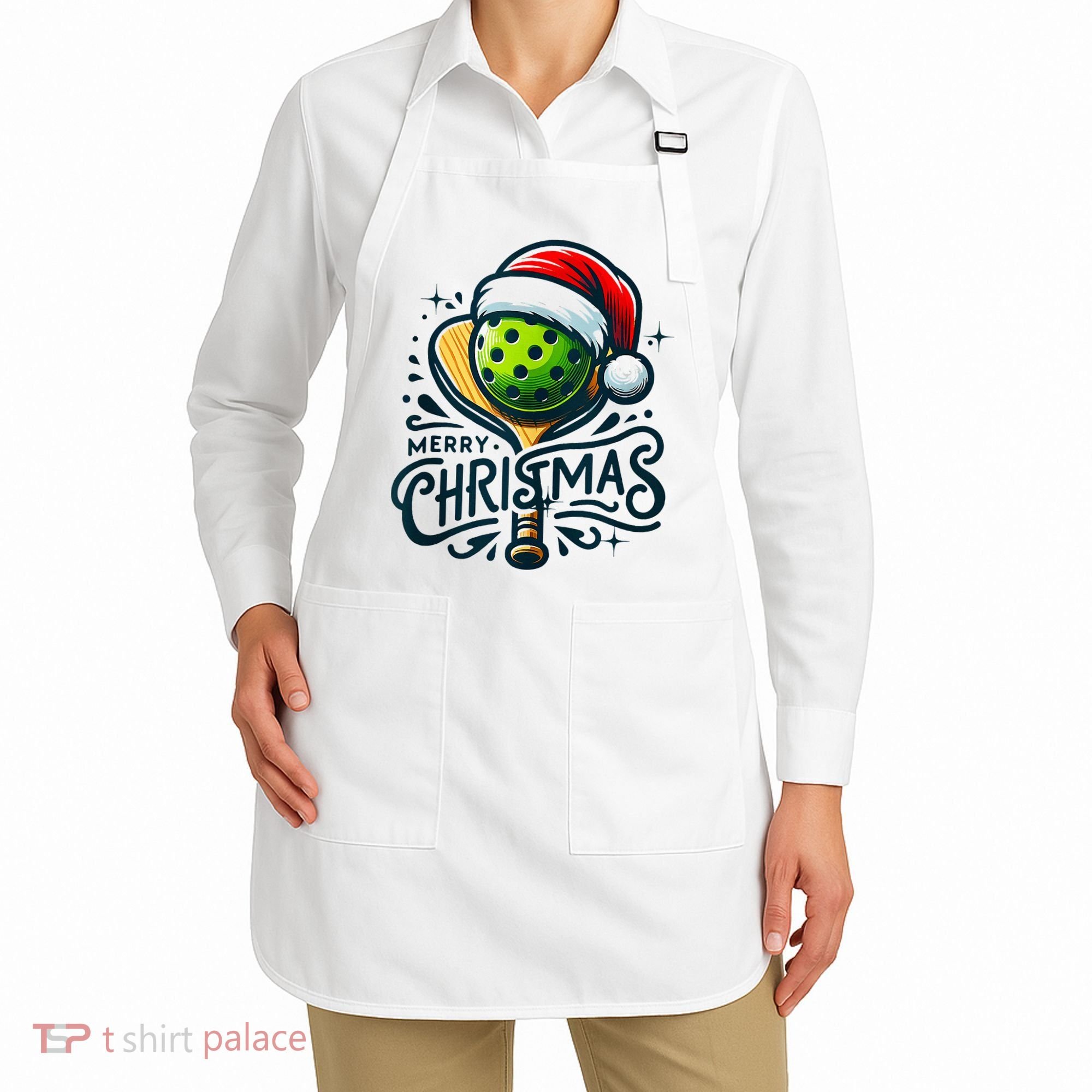 Merry Christmas Pickleball Pickle Ball and Paddle Santa Hat Apron