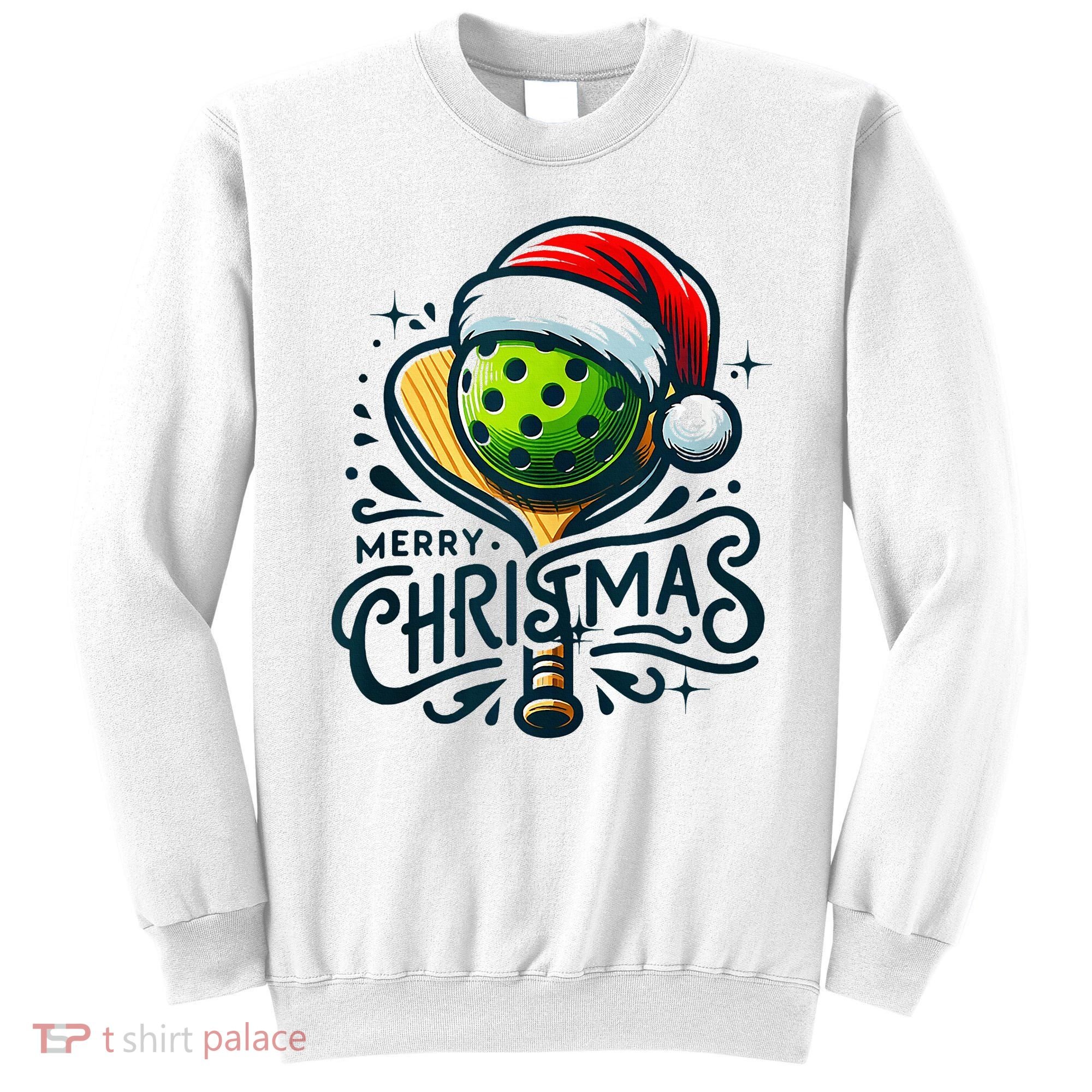 Merry Christmas Pickleball Pickle Ball and Paddle Santa Hat Sweatshirt