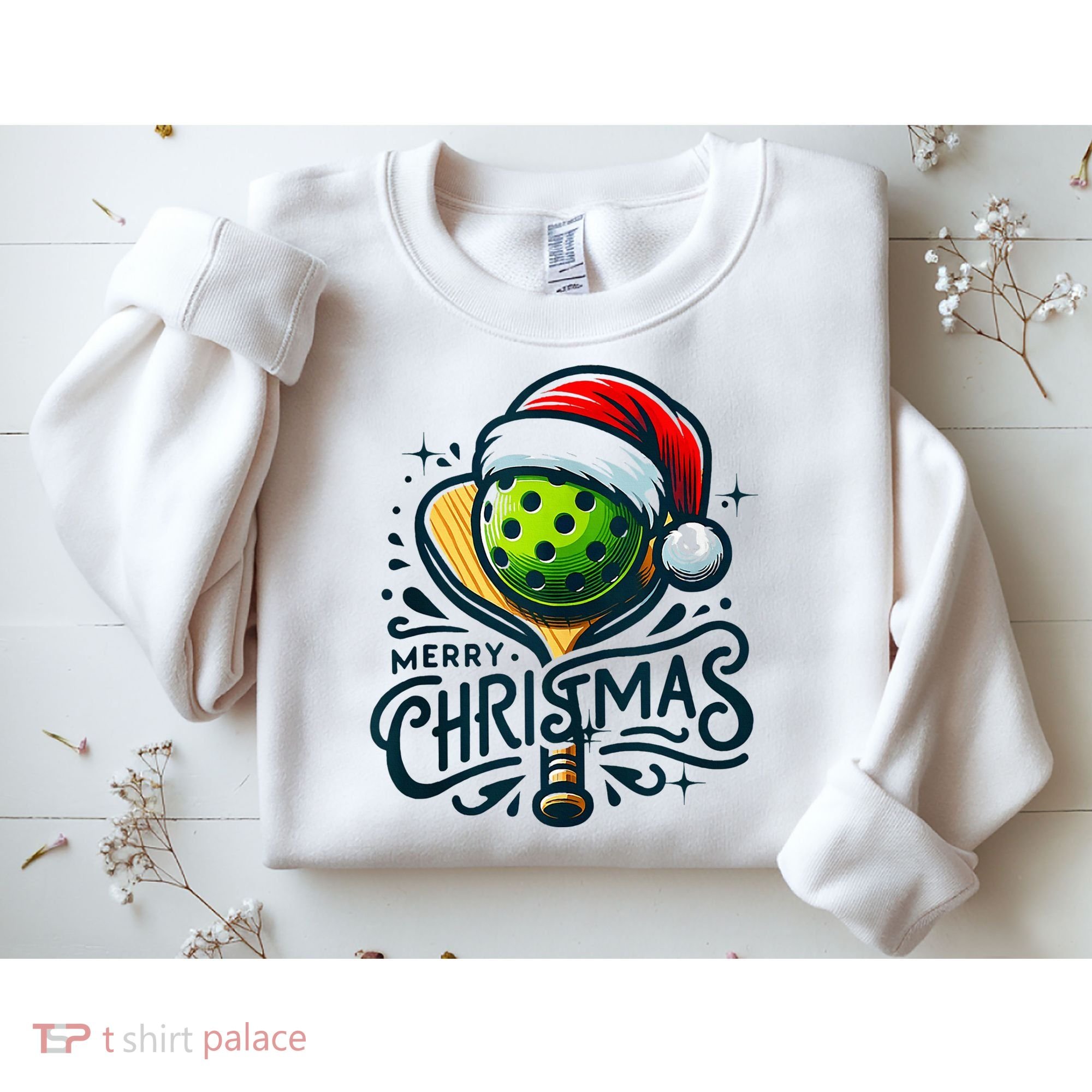 Merry Christmas Pickleball Pickle Ball and Paddle Santa Hat Sweatshirt