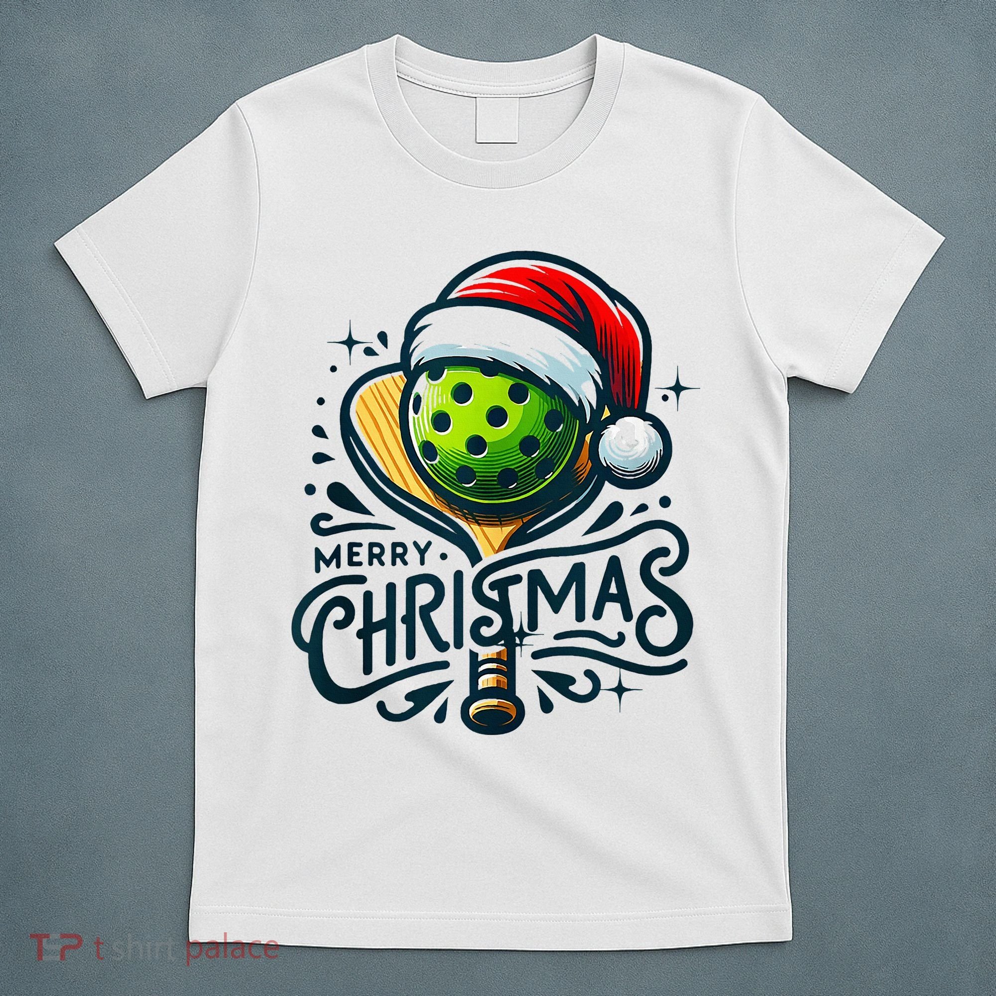 Merry Christmas Pickleball Pickle Ball and Paddle Santa Hat T-Shirt