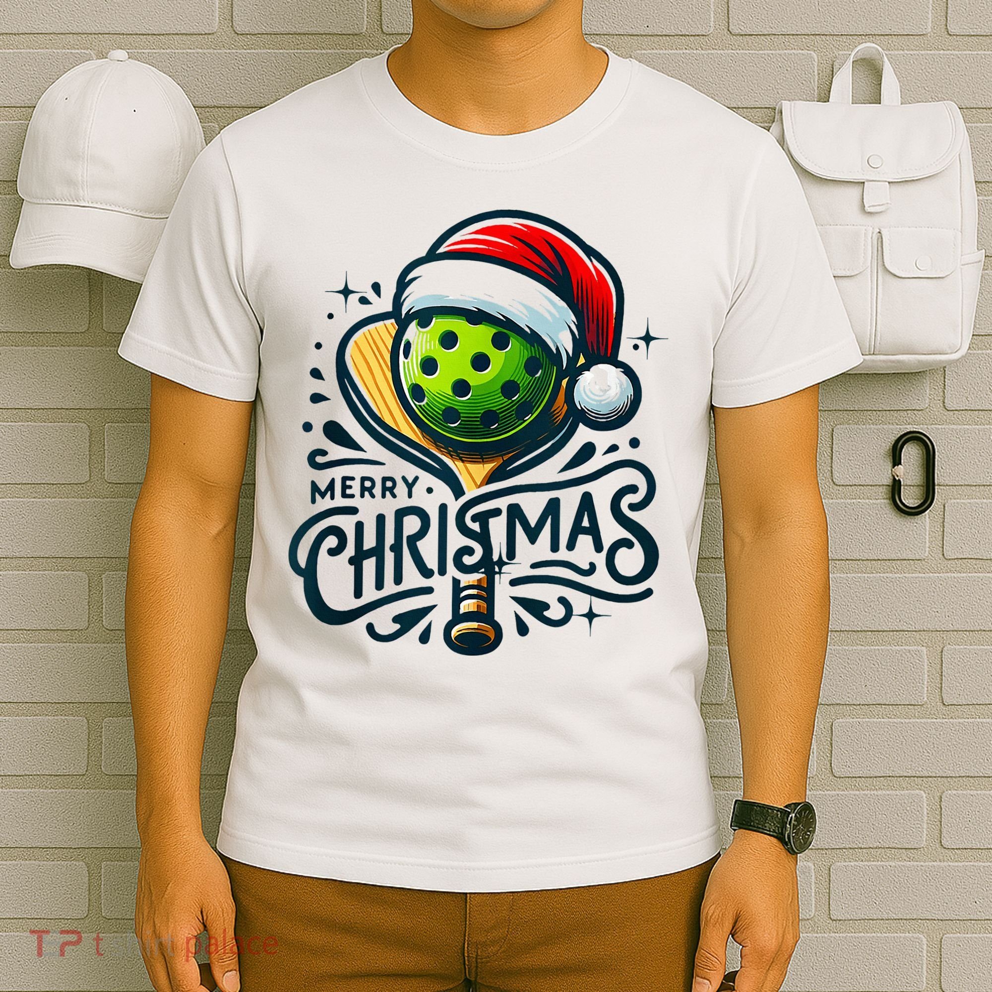 Merry Christmas Pickleball Pickle Ball and Paddle Santa Hat T-Shirt