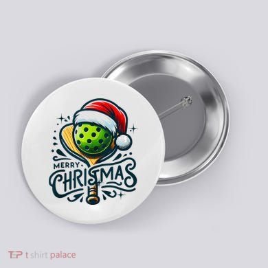 Merry Christmas Pickleball Pickle Ball and Paddle Santa Hat Button