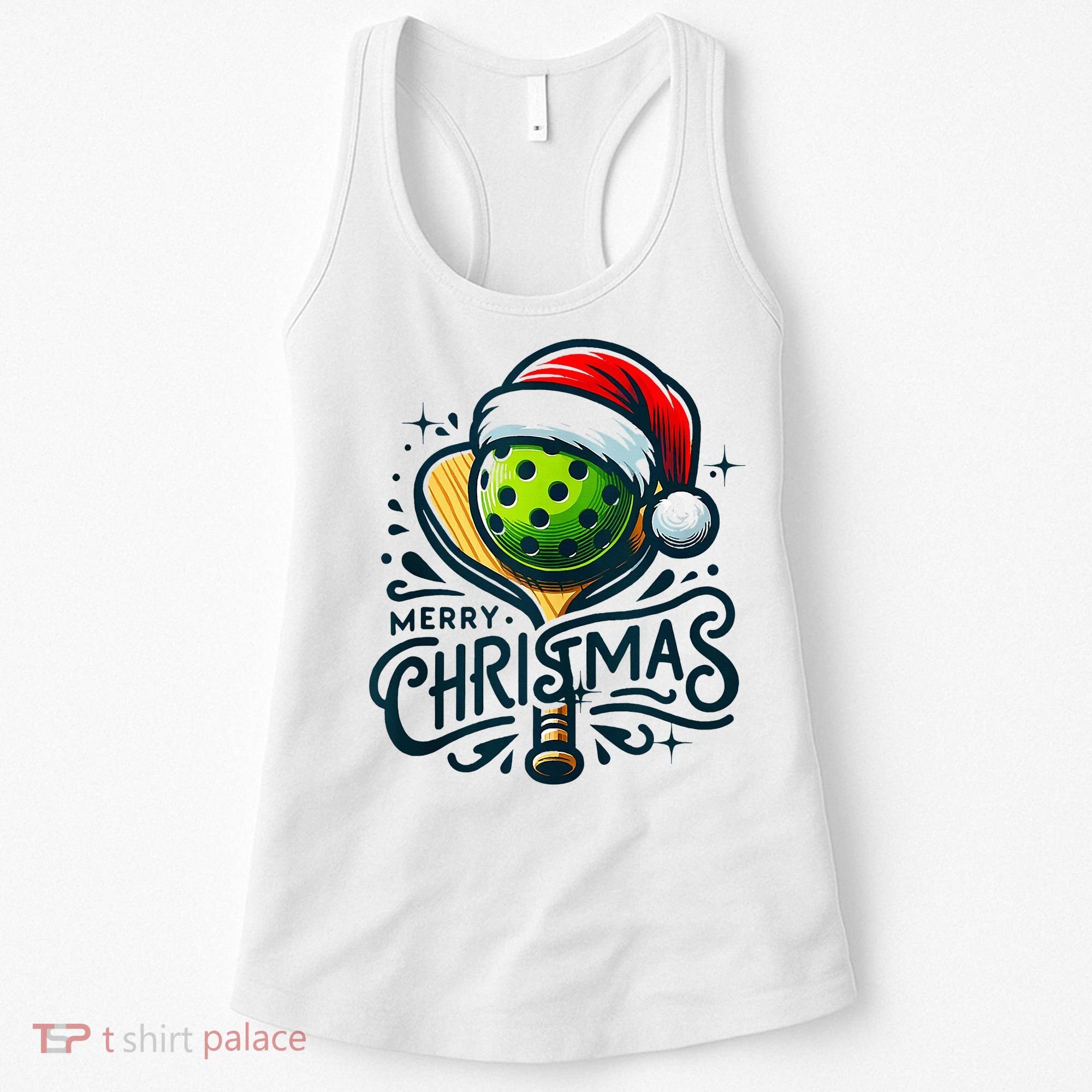 Merry Christmas Pickleball Pickle Ball and Paddle Santa Hat Women's Tank Top