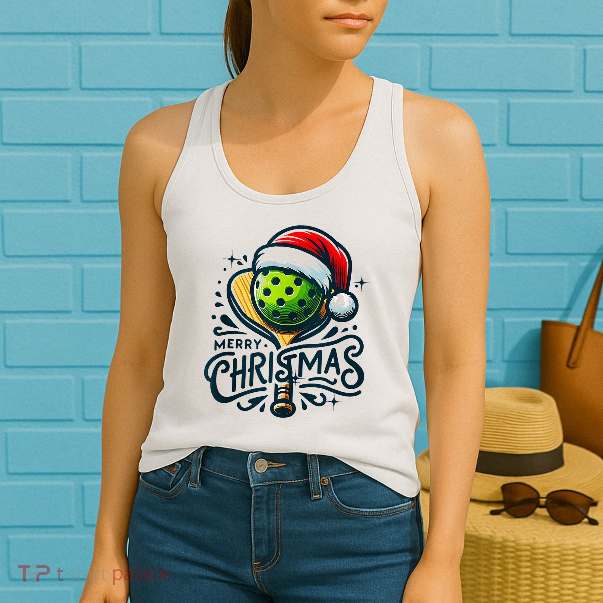 Merry Christmas Pickleball Pickle Ball and Paddle Santa Hat Women's Tank Top