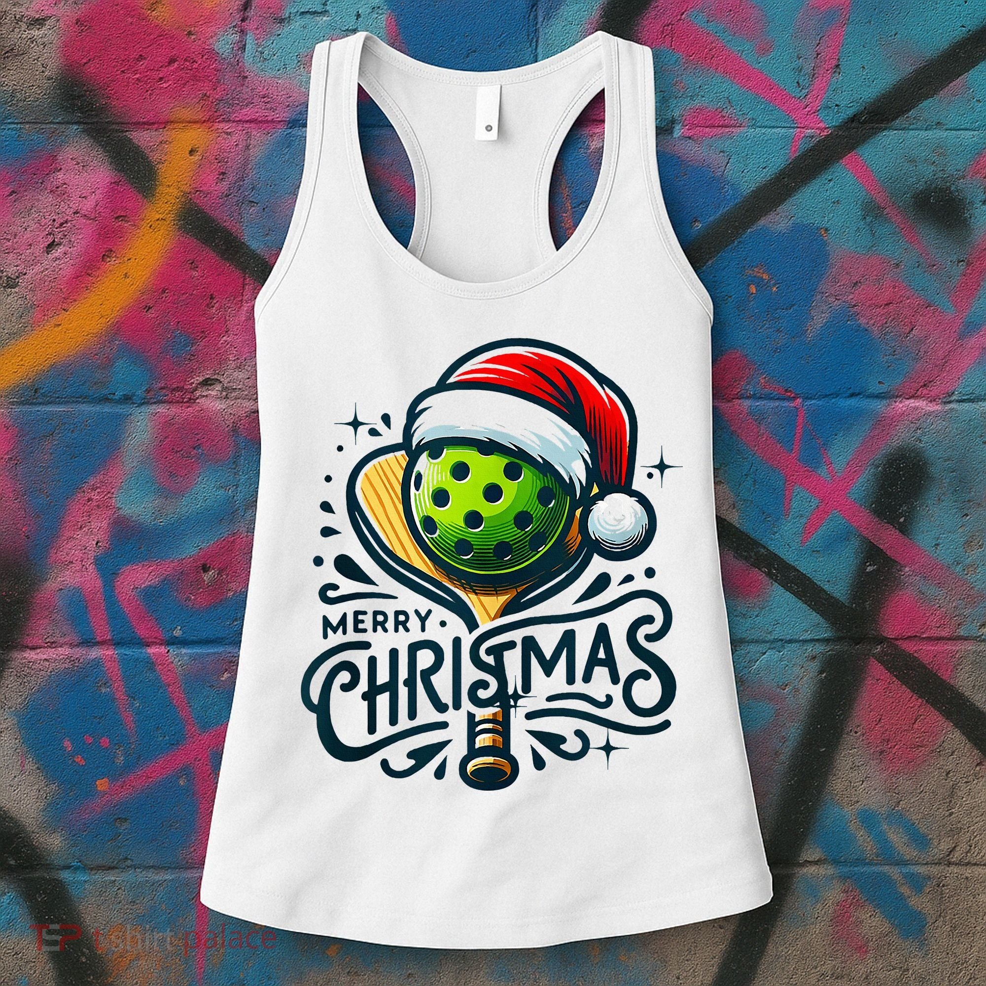 Merry Christmas Pickleball Pickle Ball and Paddle Santa Hat Women's Tank Top
