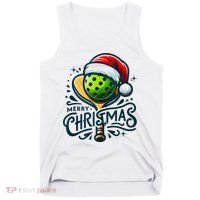 Merry Christmas Pickleball Pickle Ball and Paddle Santa Hat Tank Top thumb 0