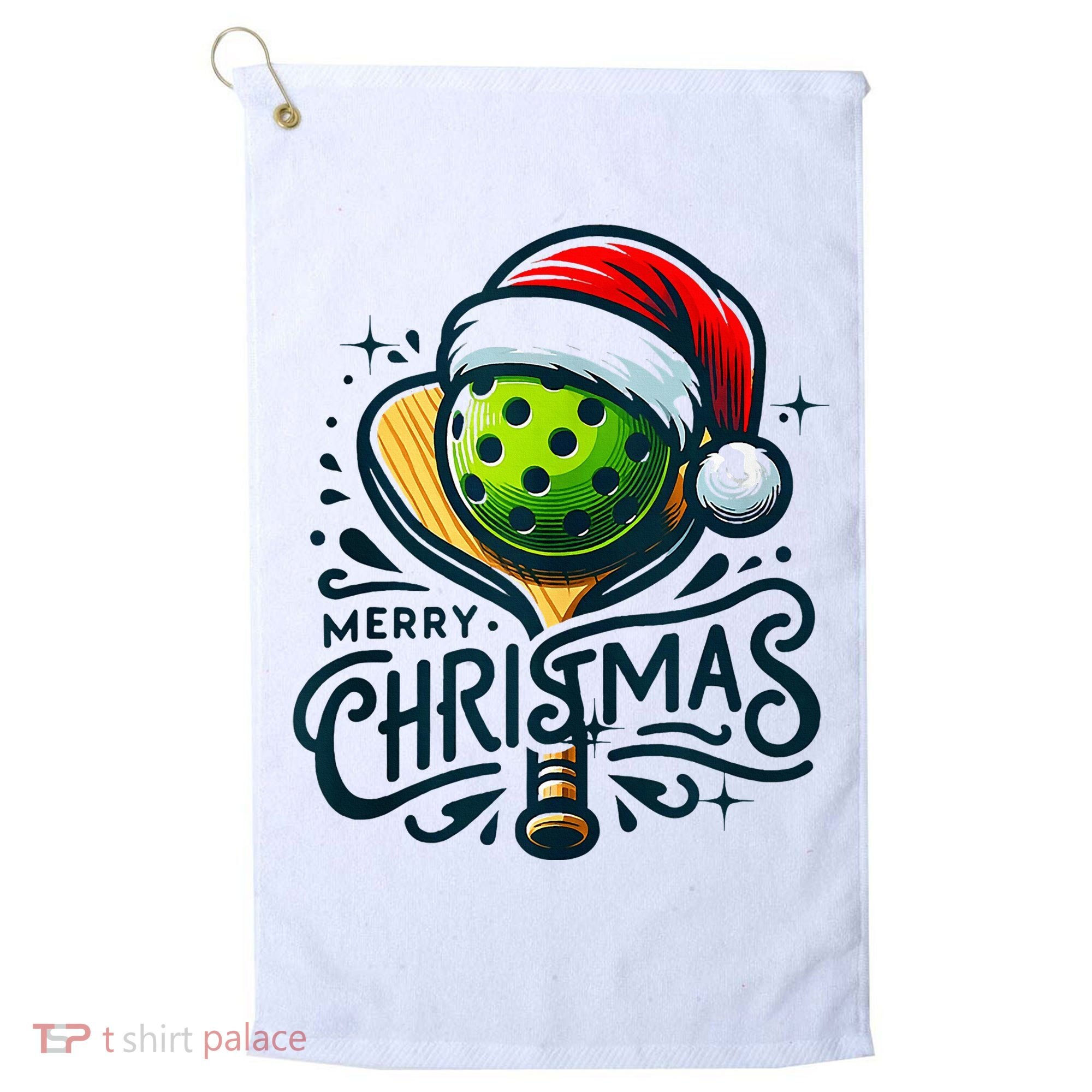 Merry Christmas Pickleball Pickle Ball and Paddle Santa Hat Golf Towel