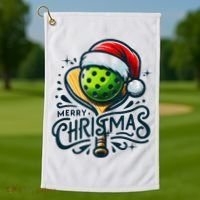 Merry Christmas Pickleball Pickle Ball and Paddle Santa Hat Golf Towel thumb 1