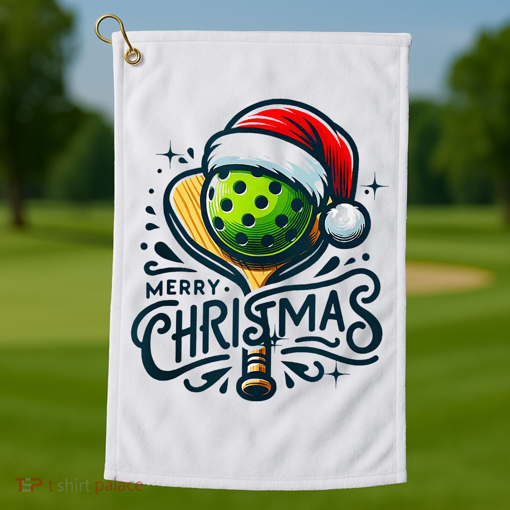 Merry Christmas Pickleball Pickle Ball and Paddle Santa Hat Golf Towel