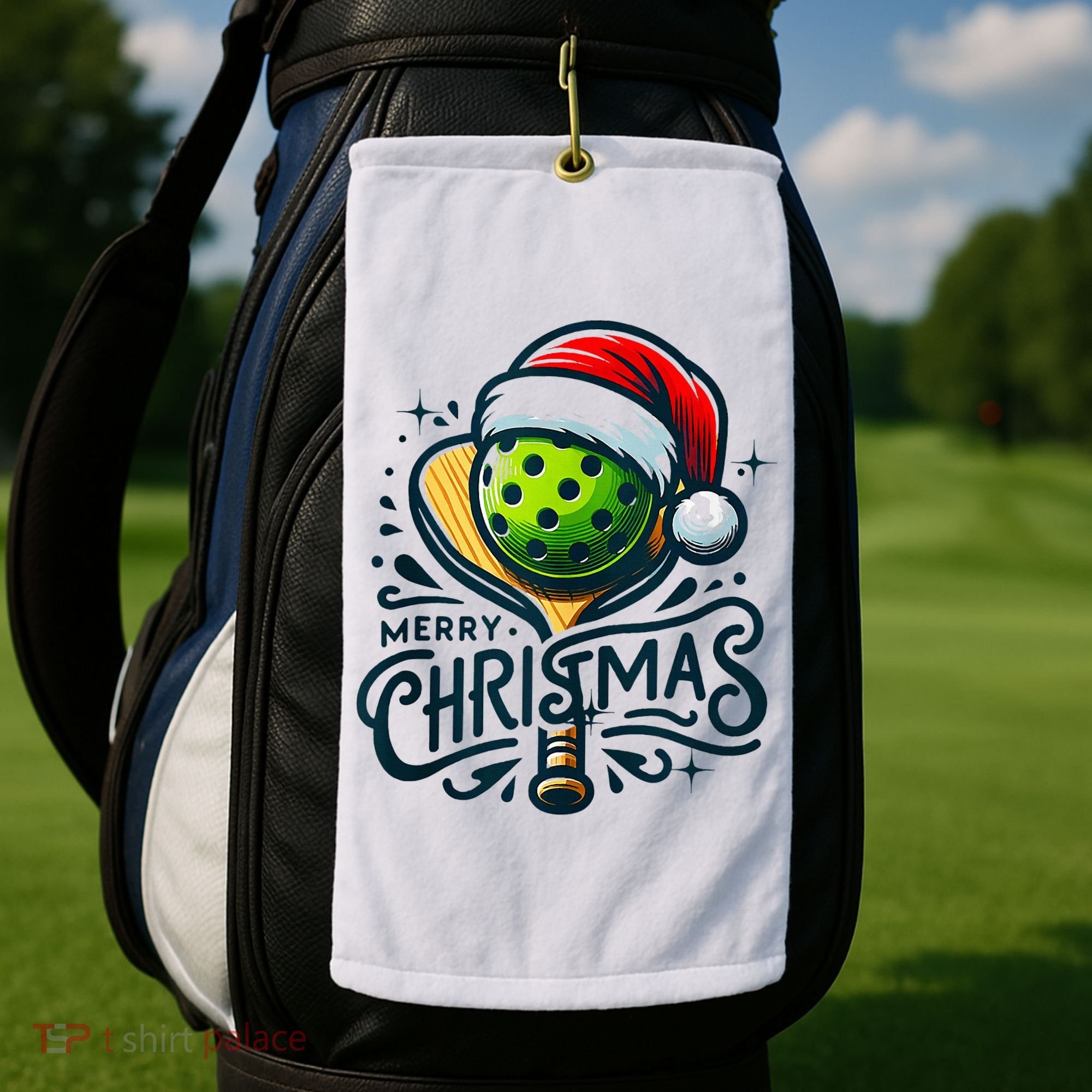 Merry Christmas Pickleball Pickle Ball and Paddle Santa Hat Golf Towel