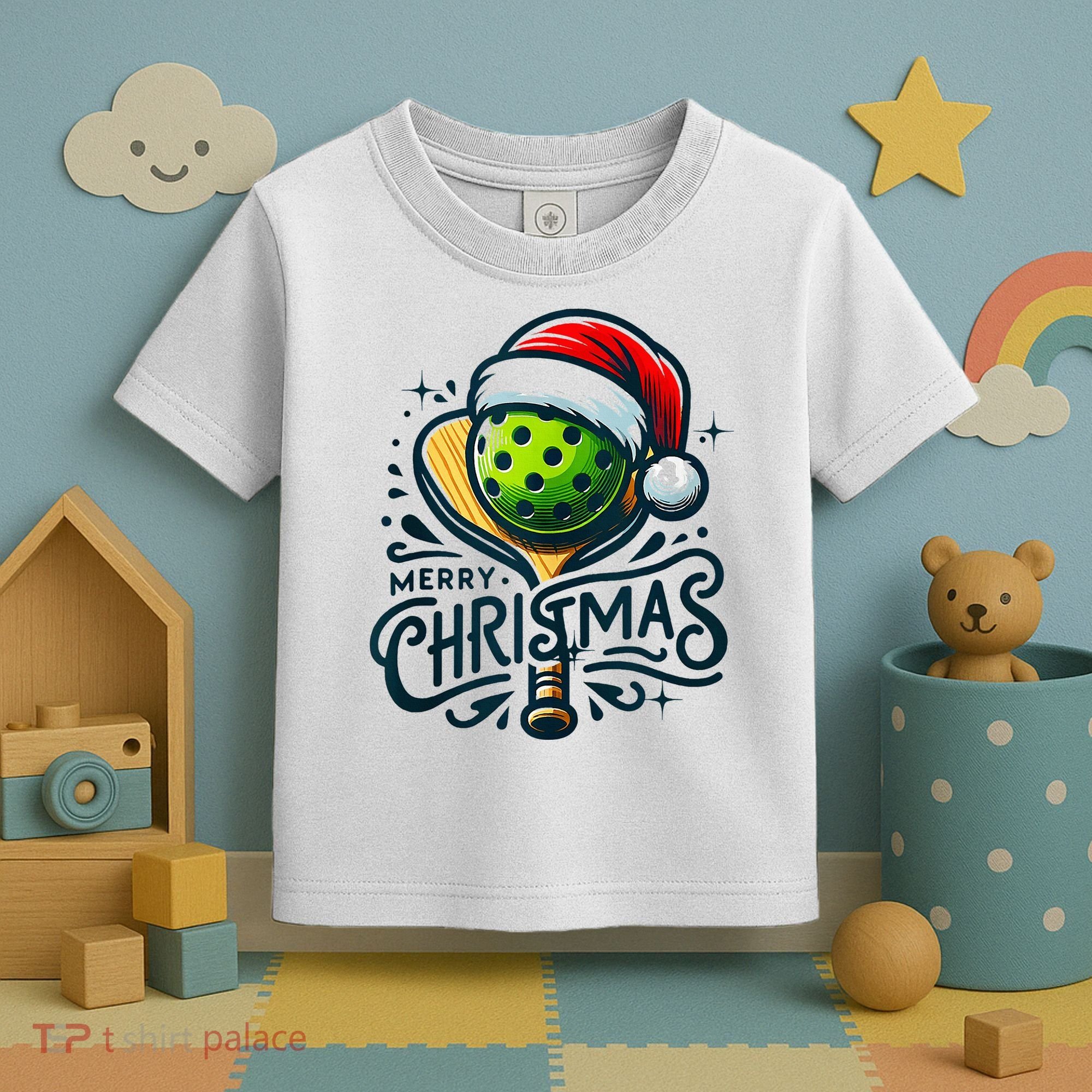 Merry Christmas Pickleball Pickle Ball and Paddle Santa Hat Toddler T-Shirt