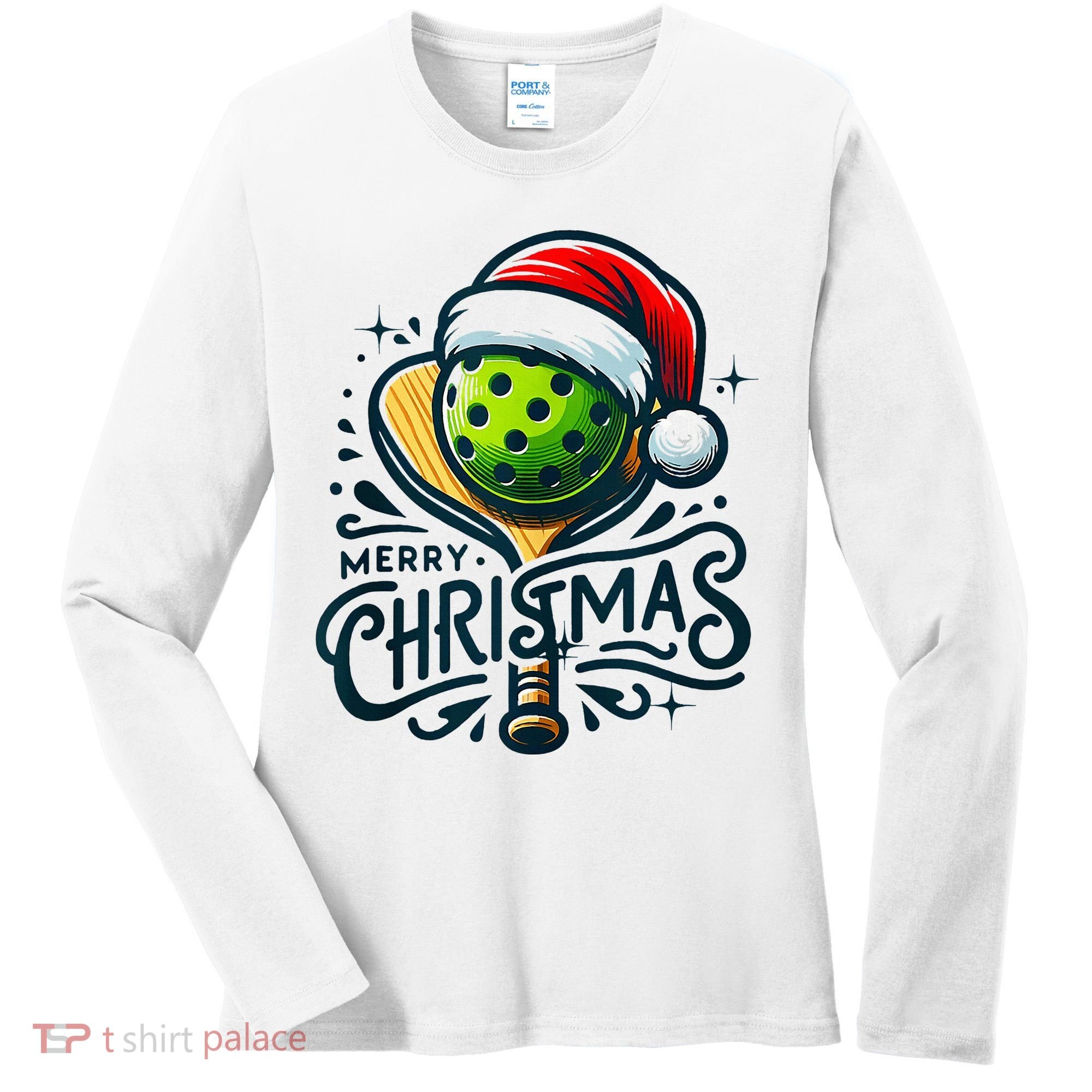 Merry Christmas Pickleball Pickle Ball and Paddle Santa Hat Women's Long Sleeve Shirt