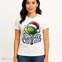 Merry Christmas Pickleball Pickle Ball and Paddle Santa Hat Women's T-Shirt thumb 4