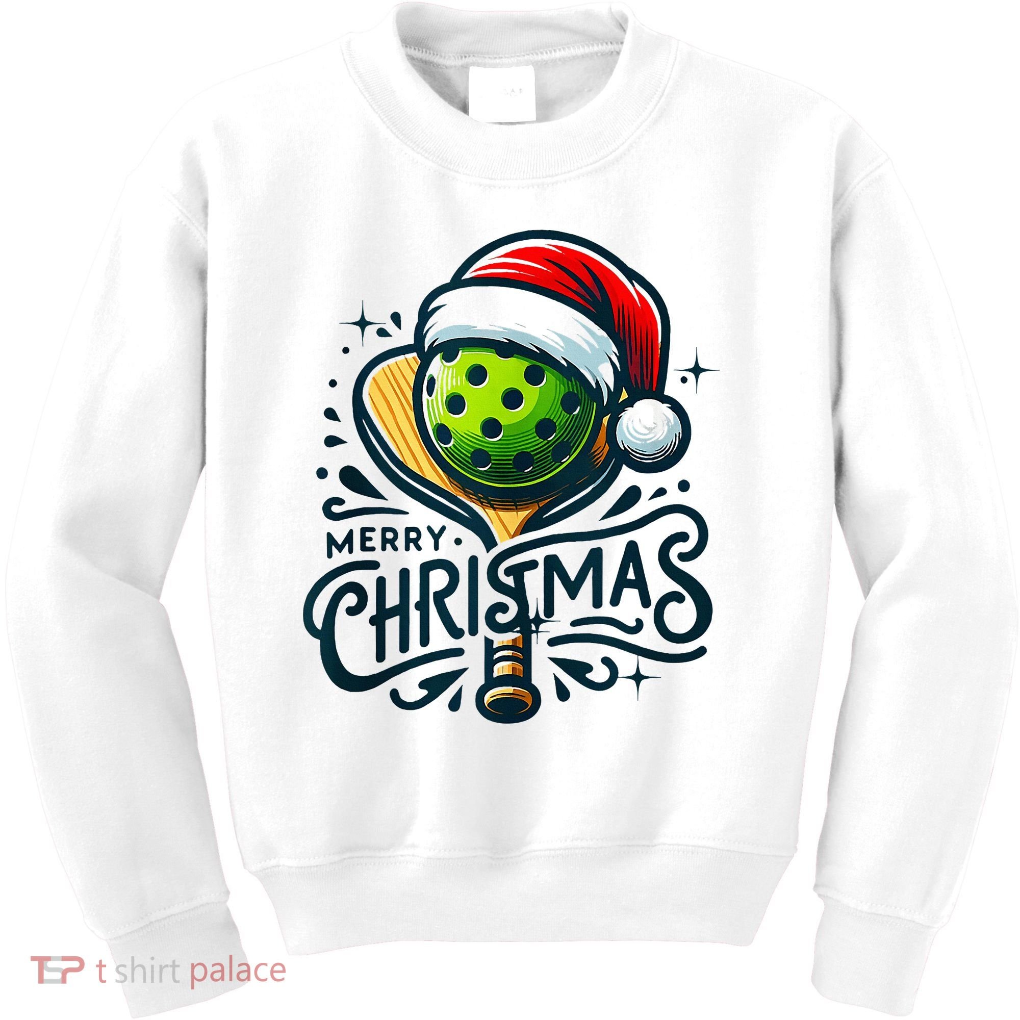 Merry Christmas Pickleball Pickle Ball and Paddle Santa Hat Kids Sweatshirt