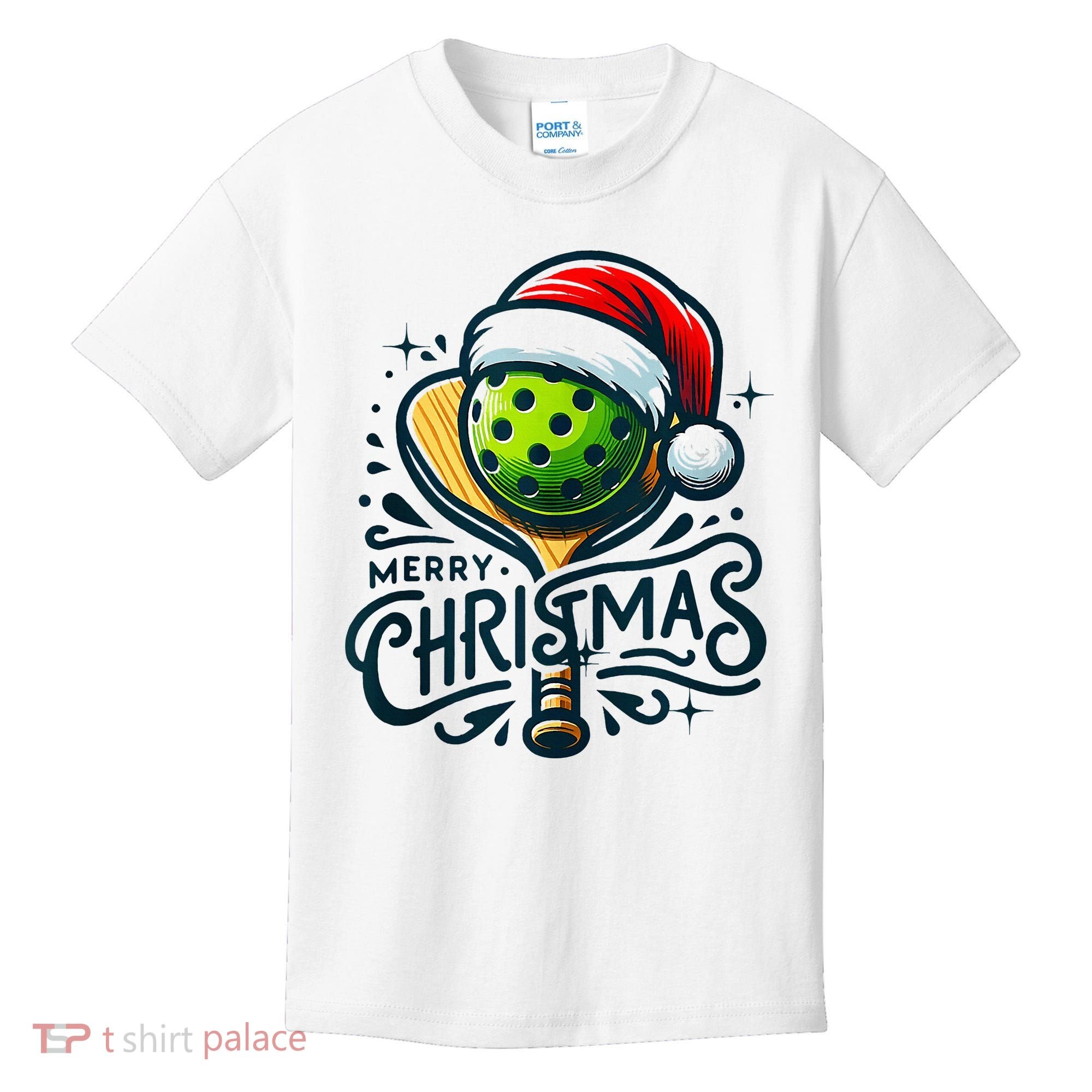 Merry Christmas Pickleball Pickle Ball and Paddle Santa Hat Kids T-Shirt
