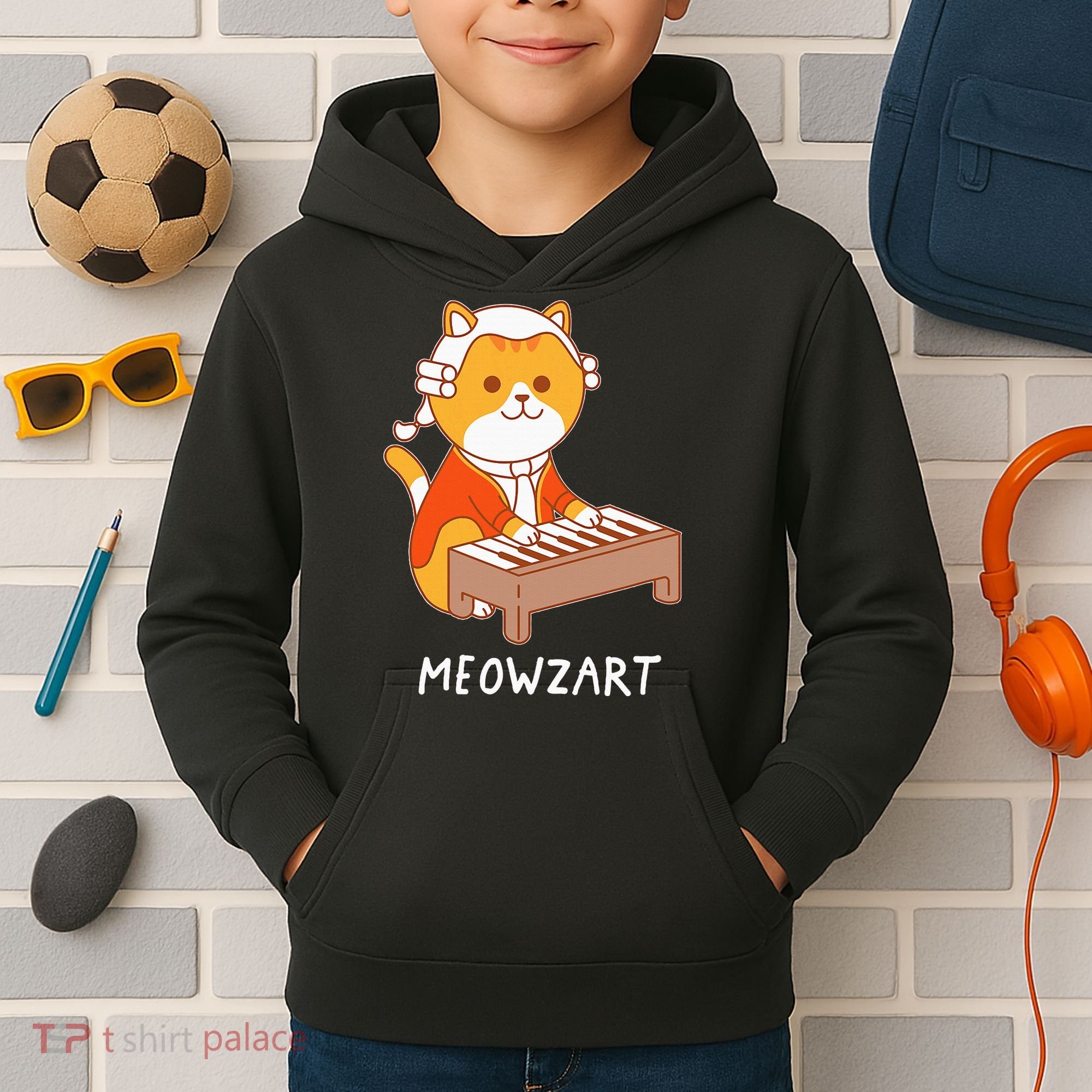 Meowzart Cat Pun Classical Music Piano Kids Hoodie