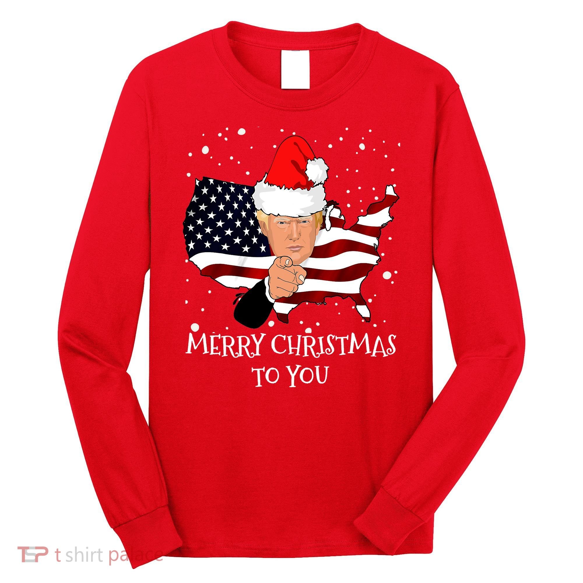 Merry Christmas President Trump Santa Hat America Flag Long Sleeve Shirt