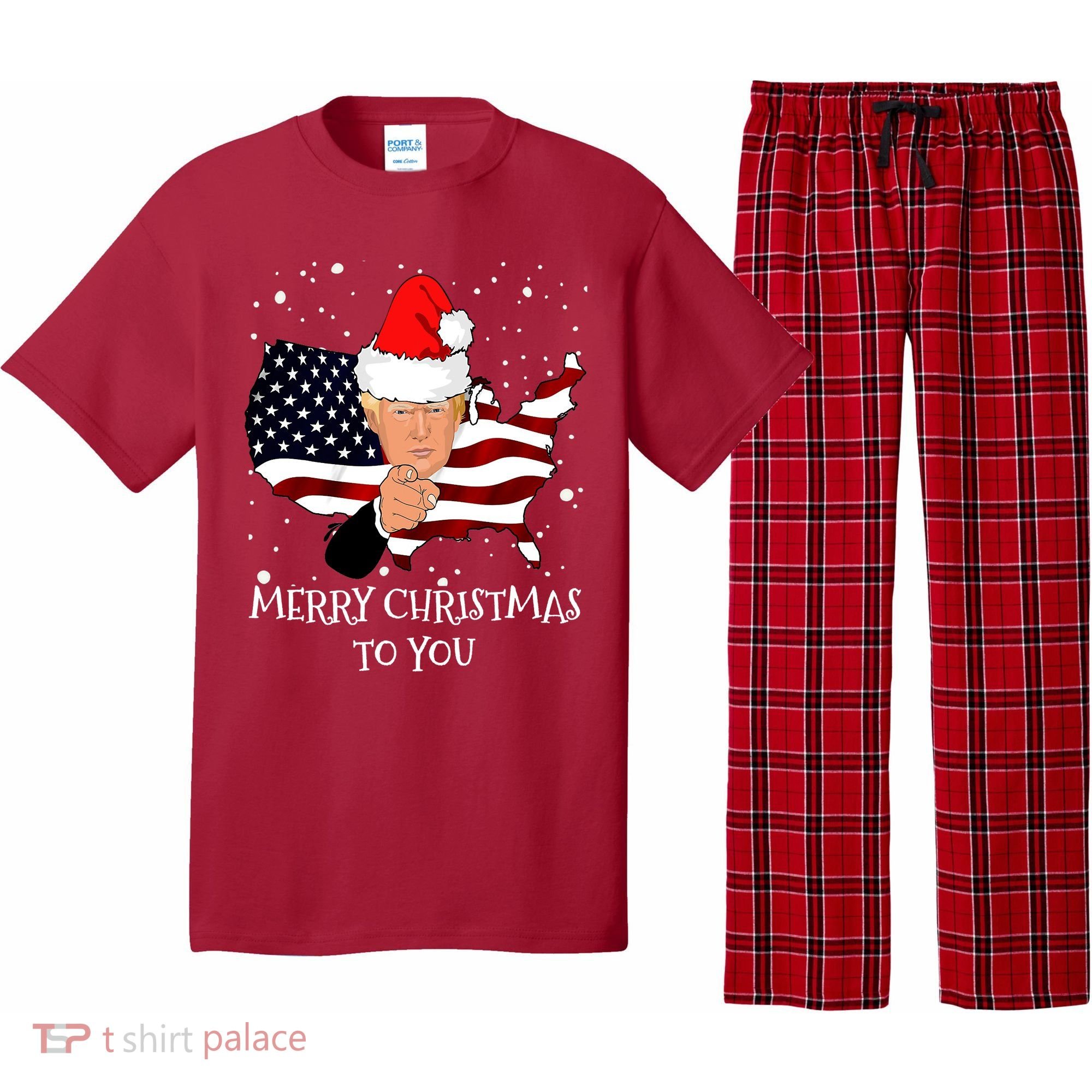 Merry Christmas President Trump Santa Hat America Flag Pajama Set