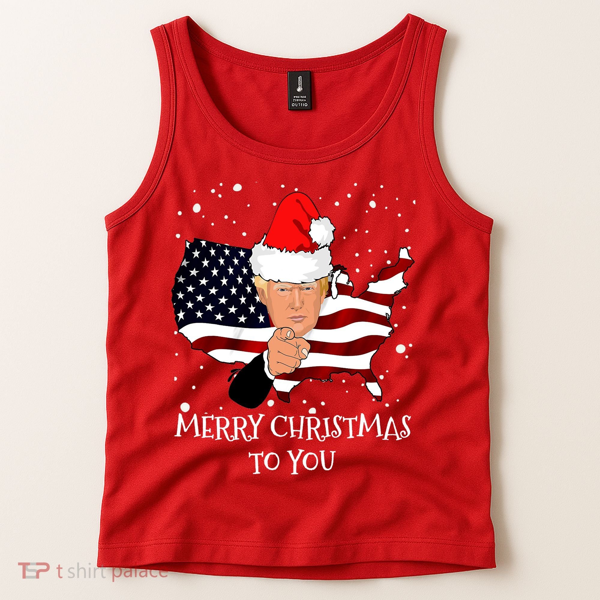 Merry Christmas President Trump Santa Hat America Flag Tank Top